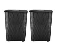 M1SS Set of 2-65L Litre Plastic Laundry Basket with Lid and Handle Drop All Basket Clothes Washing Bin Storage Hamper Small Organiser Lovely For Bathroom, Bedroom (Black)