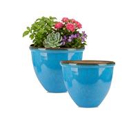 M1SS Set of 2 Glossy Ceramic Look Planters - 30cm Glazed Effect Decorative Indoor & Outdoor Flower Pots for Home Decor (Light Blue)