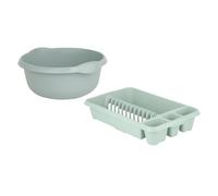 M1SS Set of 2- High Grade Plastic Kitchen Medium Dish Drainer with 28cm Round Washing Up Bowl Plate Rack Draining Board Tray Stand Sink Holder Kitchen Organiser (Silver Sage)