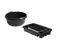 M1SS Set of 2- High Grade Plastic Kitchen Medium Dish Drainer with 28cm Round Washing Up Bowl Plate Rack Draining Board Tray Stand Sink Holder Kitchen Organiser (Midnight Greyish)