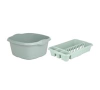 M1SS Set of 2- Upcycled High Grade Plastic Kitchen Medium Dish Drainer with 32 cm Square Washing Up Bowl (Silver Sage)