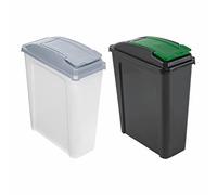 M1SS Set of 25L Litre Green and Clear/Cool Grey Rectangle Slim Bin Kitchen Waste Rubbish Recycle Bin Recycling Slimline Bin for Food Waste and Trash Organiser Dustbin - Made in UK