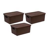 M1SS Set of 3-14L Litre Large Plastic Knitted Storage Basket with Lid, Storage Box Stackable Organiser Lidded Bin Box Large Rib Box for Nursery, Kids, Closet, and Many More (Brown)