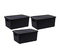 M1SS Set of 3-14L Litre Large Plastic Knitted Storage Basket with Lid, Storage Box Stackable Organiser Lidded Bin Box Large Rib Box for Nursery, Kids, Closet, and Many More (Black)