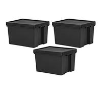 M1SS Set of 3-45L Litre Bam Black Recycled Plastic Heavy Duty Storage Box With Lid Home Office Stackable Container (45L)