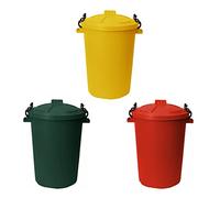 M1SS (Set of 3) 50 Litre Dark Green, Red and Yellow Heavy Duty Plastic Clip Lock Lid Bin Indoor or Outdoor Rubbish, Trash Can, Dustbin Waste or Storage of Animal Feed.