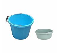 M1SS Set of 3 Gallon 14L Plastic Bucket with 5L Round Bowl 28cm Plastic Bowl - Plaster Builder Bucket Tub Trugs Horse Feeder with Washing Up Bowl Integral Handles Home, Kitchen (Blue, Silver Sage)