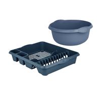 M1SS Set of 32cm Round Washing up Bowl with Large Dish Drainer Plate Rack Draining Board Tray Stand Sink Holder Kitchen Organiser (Navy Blue)