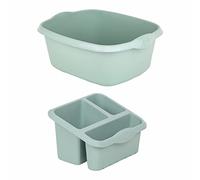 M1SS Set of 39cm Rectangular Washing up Bowl With Large High-Grade Plastic Sink Tidy Drainer Kitchen Caddy Cleaning Organiser 3 Compartment Sponge, Brush, Kitchen Utensils Holder (Silver sage)