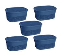 M1SS Set of 5-4L Plastic Storage Basket With Lid and Handle - Oval Shape Shelf Organizer for Bathroom, Kitchen, Knit Design (Blue)