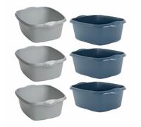 M1SS Set of 6 -High Grade 39cm Plastic Rectangular Washing Up Bowl 12L Litre Capacity Integral Handles Sink Tidy Basin Mixing Kitchen Caddy Daily Routine Many More Use [Silver -3, Navy Blue-3]