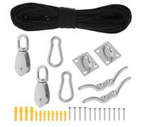 M20 Pulley Block System 304 Stainless Steel Crane Pulley Block with Nylon Rope, Carabiners, Eye Pad Plates & Cleat Hooks Smooth Lifting Towing Pulley Wheel for Outdoor Washing Line, Shade Sail