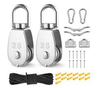 M25 Crane Pulley Block Set, 304 Stainless Steel 360° Swivel Pulley Block Single Wheel Pulley System with 20m/4mm Nylon Line Rope-150kg/330lbs Loading, Carabiner Hook Clips, Cleat Hooks & Eye Pad Plate