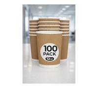 M25 Packs | 100 x Kraft 12 Ounce Ripple 3 Ply Disposable Insulated Paper Cups for Tea Coffee Cappuccino Hot Drinks
