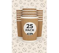 M25 Packs 12oz Coffee Cups Disposable - Ripple Wall Double Insulated Paper Cups 25 Pack Kraft Brown for Hot Coffee, Tea & Beverages