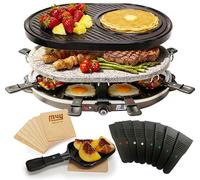 M4Y Electric Raclette Luxury Stone Grill Plus Extra Non-Stick Crepe Top Attachment + A Set of 8 Wooden Coasters, 8 Colour Coded Fondue Cheese Non stick Pans and 8 X Spatulas, 1200W Thermostat Control
