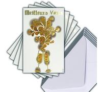 M5-508 Set of 5 Identical Greetings Cards in Gold Gold 13.5 x 8.5 cm + 5 White Envelopes 14 x 9 cm Happy New Year Wishes January 2 Flutes Champagne Bubbles of Happiness - Created Printed Made in
