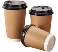 M7 Packaging Paper Cups with Lids Kraft Disposable 12oz 16oz Brown with Black lids Hot Cold Drink Cappuccino Espresso (100, 8oz/230ml)