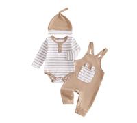 M9ppzzur7 3Pcs Newborn Baby Boy Fall Clothes Set Romper Overall Hat | Long Sleeve Striped Romper, Suspender Trousers, Cute Hat, Comfortable Boys Outfit