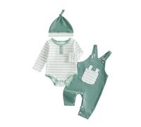 M9ppzzur7 3Pcs Newborn Baby Boy Fall Clothes Set Romper Overall Hat | Long Sleeve Striped Romper, Suspender Trousers, Cute Hat, Comfortable Boys Outfit
