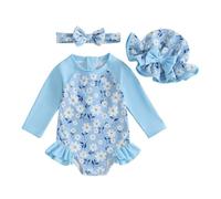 M9ppzzur7 Baby Girl Cute Bathing Suit Rash Guard Sun Protection Infant Girl Romper Ruched Hat and Headband 3PCS One-Piece Swimsuit (Blue, 3-4 Years)