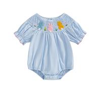 M9ppzzur7 Baby Girls Romper Ruffles Flower Bunny Embroidery Smocked Short Sleeve Jumpsuit Easter Clothes (Sky Blue, 12-18 Months)