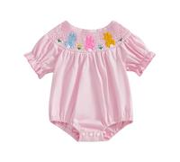 M9ppzzur7 Baby Girls Romper Ruffles Flower Bunny Embroidery Smocked Short Sleeve Jumpsuit Easter Clothes (Pink, 12-18 Months)