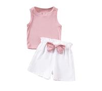 M9ppzzur7 Baby Girls Summer Outfits Solid Color Notched Neck Ribbed Tank Tops Elastic Cute Bow Shorts Set Fashion Cute Girl Clothes (Pink, 1-2 Years)
