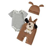 M9ppzzur7 Baby Infant Boy Outfit Set Short Sleeve Stripes Round Neck Romper Cartoon Dog Overall Trousers and A Cute Hat Boys Summer Clothes Sets (Khaki, 6-9 Months)