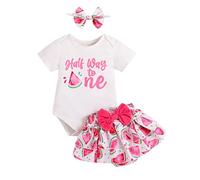 M9ppzzur7 Baby Infant Girl Summer Romper Sets Letter Print Short Sleeve Romper Ruffle Bow Knot Tutu Skirt with Cute Headwear 3Pcs Clothes Set (Multicolor, 6-12 Months)