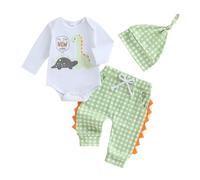 M9ppzzur7 Baby Newborn Boy Fall Clothes Set Dinosaur Print Long Sleeve Round Neck Romper Top Plaid Elastic Waistband Serrated Edge Trousers and A Hat Infant Boys Outfits Sets (White, 6-12 Months)