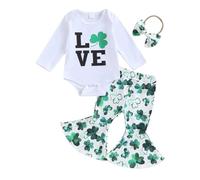 M9ppzzur7 Infant Baby Girl 3Pcs Pants Set Lucky Rompers Flare Pants with Headband Outfit Clothes (G# White, 3-6 Months)