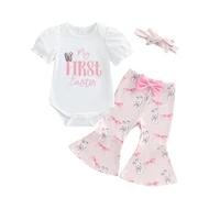 M9ppzzur7 My First Easter Outfit Baby Girl Letters Embroidery Romper + Bunny Print Flare Pants + Bow Headband Outfit (Pink, 6-12 Months)