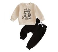 M9ppzzur7 Newborn Baby Boy Fall Clothes Set Letter Print Raccoon Pattern Round Neck Sweatshirt Top Solid Color Elastic Waist Trousers Boys Toddler Outfit Sets (Khaki, 6-12 Months)