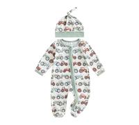M9ppzzur7 Newborn Baby Boy Romper Clothes Farm Little Tractor Print Zip Up Long Sleeve Round Neck Jumpsuit with A Hat Infant Boys 2Pcs Playsuit Set (Multi-Color, 6-12 Months)
