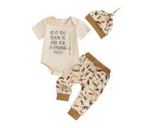 M9ppzzur7 Newborn Baby Boy Summer Clothes Set Letter Print Short Sleeve Romper Fish Pattern Trousers and A Cute Hat Spring Summer Toddler Boys 3Pcs Outfit Sets (Beige, 3-6 Months)