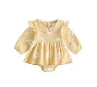 M9ppzzur7 Newborn Baby Girl Romper Dress Daisy Print One Piece Clothes | Long Sleeve Doll Collar Bodysuit Dress, Button Closure, Baby Grows for Girls, Spring Fall Baby Outfit