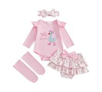 M9ppzzur7 Newborn Baby Girls Clothes Set Flying Long Sleeve Silly Goose Letter Pattern Print Romper Top Ruffled Bow Knot Skirt Long Sock and Headband 4Pcs Outfits (Pink, 3-6 Months)