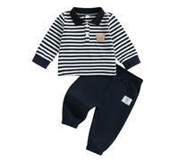 M9ppzzur7 Toddler Baby Boy Clothes Set Lapel Half-Button Closure Stripes Little Bear Decor Long Sleeve Shirt Top Loose Fit Elastic Waist Trousers Sets Boys 2Pcs Outfit (Navy Blue, 9-12 Months)