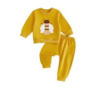 M9ppzzur7 Toddler Baby Boy Clothes Set Long Sleeve Round Neck Bee Print Sweatshirt Pullover Top Solid Color Trousers Sets Boys Outfit (Yellow, 12-18 Months)