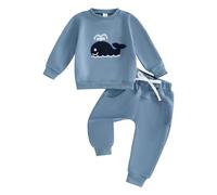 M9ppzzur7 Toddler Baby Boy Clothes Set Long Sleeve Whale Dinosaur Turtle Print Sweatshirt Pullover Jumper Top Elastic Waist Solid Trousers with Pockets Boys 2Pcs Outfit Sets (Blue, 6-12 Months)