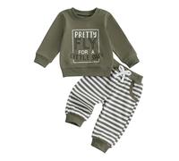 M9ppzzur7 Toddler Baby Boy Fall Clothes Little Guy Letter Print Long Sleeve Round Neck Pullover Top Elastic Waist Stripe Casual Pants 2Pcs Boys Outfit (Army Green, 3-4T)