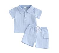 M9ppzzur7 Toddler Baby Boys Summer Outfits Turn Down Collar Short Sleeve Solid Color T-shirt and Elastic Waist Shorts Set 2Pcs Clothes Set (Sky Blue, 18-24 Months)