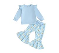 M9ppzzur7 Toddler Baby Girl Clothes Set Long Flying Sleeve Round Neck Solid Pullover Top Daisy Print Bow Knot flare Trousers Girls Outfit 3Pcs Sets (Blue, 2-3T)