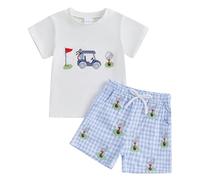 M9ppzzur7 Toddler Boys Cute Summer Clothes Golf Embroidered Short Sleeve T Shirt and Plaid Shorts 2Pcs Casual Outfit (White, 2-3T)