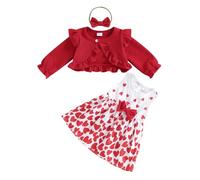 M9ppzzur7 Toddler Girls 3Pcs Dress Set Cute Heart/Plaid Bow Sleeveless Tank Princess Dress with Jacket with Headband Party Fall Outfit (Red, 12-18 Months)