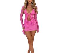 M9ppzzur7 Women Sexy 2 Piece Outfit Set Summer Lace Low-Cut Tie-Up Front Long Sleeve Ruffles Crop Tops Mini Skirt 2 Pieces Clothes Set (Pink, M)