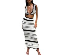 M9ppzzur7 Women's 2Pcs Crochet Knit Striped Skirt Set Sexy Cami Crop Top High Side Long Skirt Set Fashion Clothes (White, M)