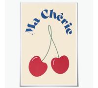 Ma Chérie Cherry Print - French Quote Red Cherries Poster Retro Kitchen Cafe Wall Art Cute Fruit Illustration for Bedroom Dorm Apartment Decor 50x75cm Unframed