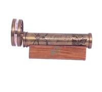 MA Handcrafted Etched Floral Pattern Lacquered Brass Kaleidoscope - Two Separate Turning Wheels-Kaleidoscope with Wooden Base